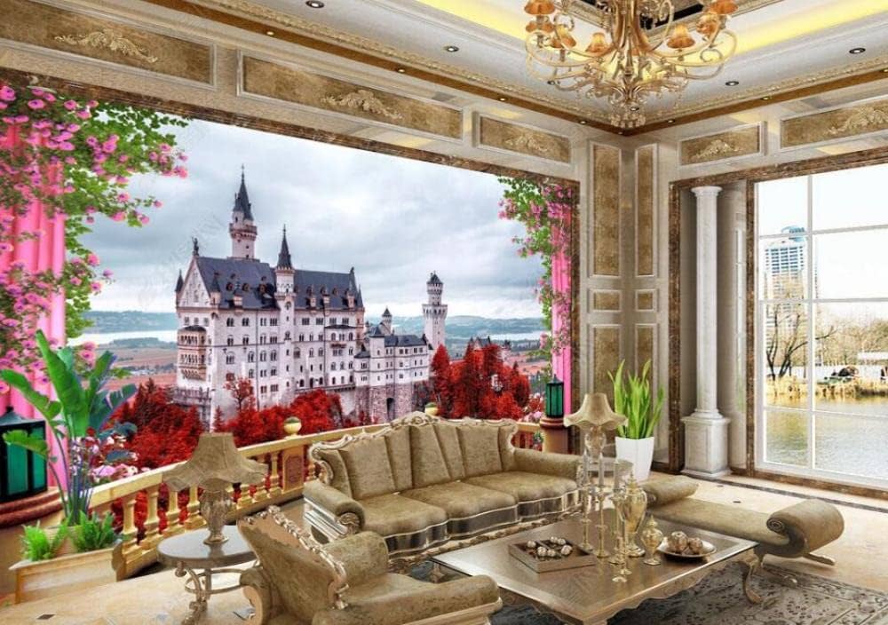 Amazon | 壁画3D写真の壁紙 バルコニーの花の城の風景 壁紙寝室